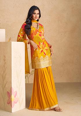 Mustard Sequin Embroidered Chinon Silk Kurta Set