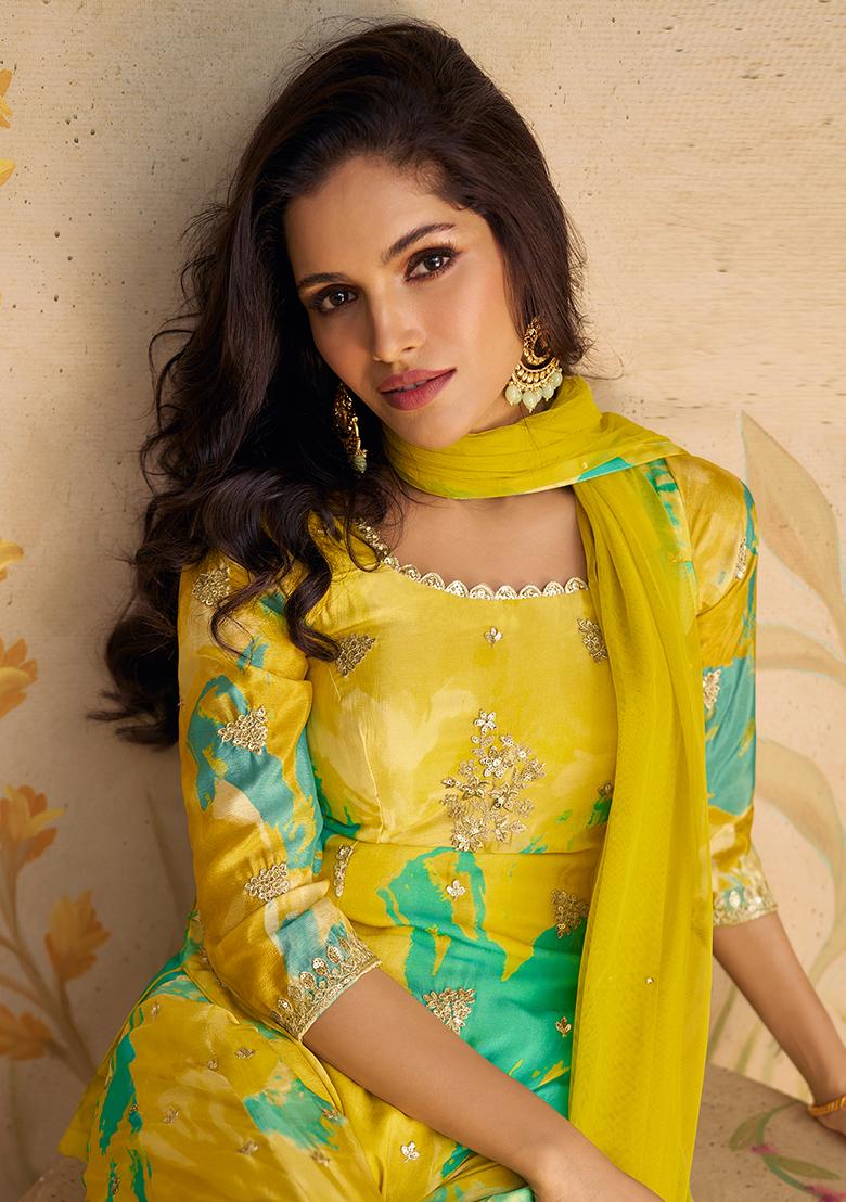 Yellow Sequin Embroidered Chinon Silk Kurta Set