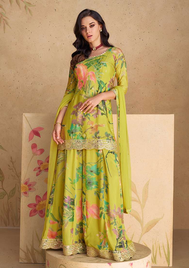Olive Green Embroidered Chinon Pakistani Suit Set - Indya