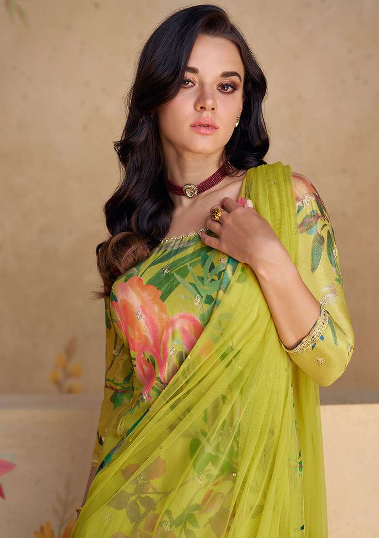 Olive Green Embroidered Chinon Pakistani Suit Set - Indya