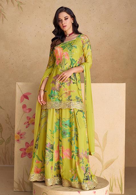 Olive Green Sequin Embroidered Chinon Silk Kurta Set