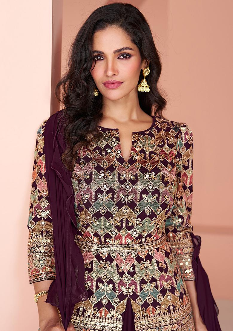 Wine Sequin Embroidered Georgette Kurta Set