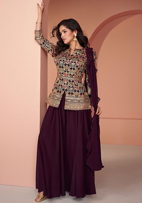 Wine Sequin Embroidered Georgette Kurta Set