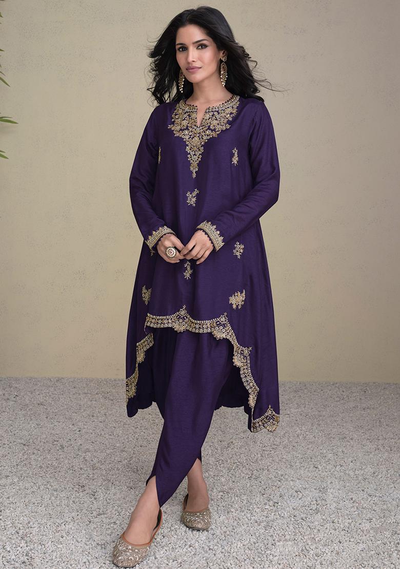 Purple Sequin Embroidered Silk Kurta Set