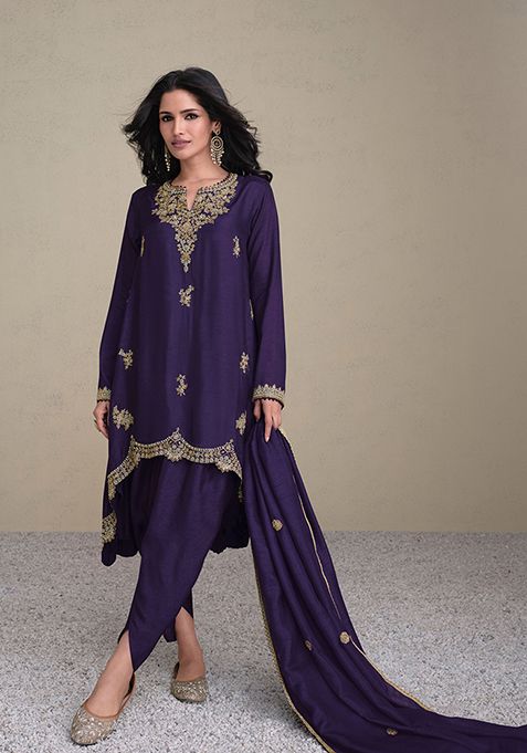 Purple Sequin Embroidered Silk Kurta Set