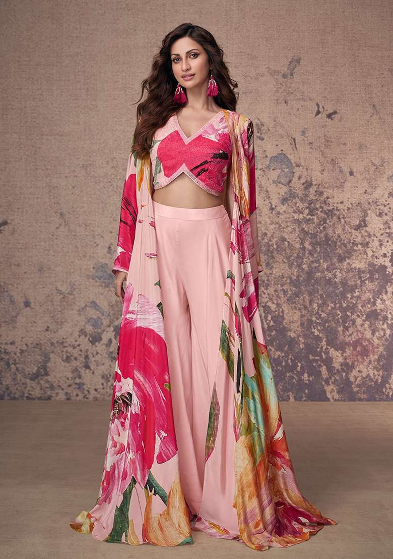 Pink Floral Print Crepe Co Ord Set for Diwali and Festive Wear - Indya