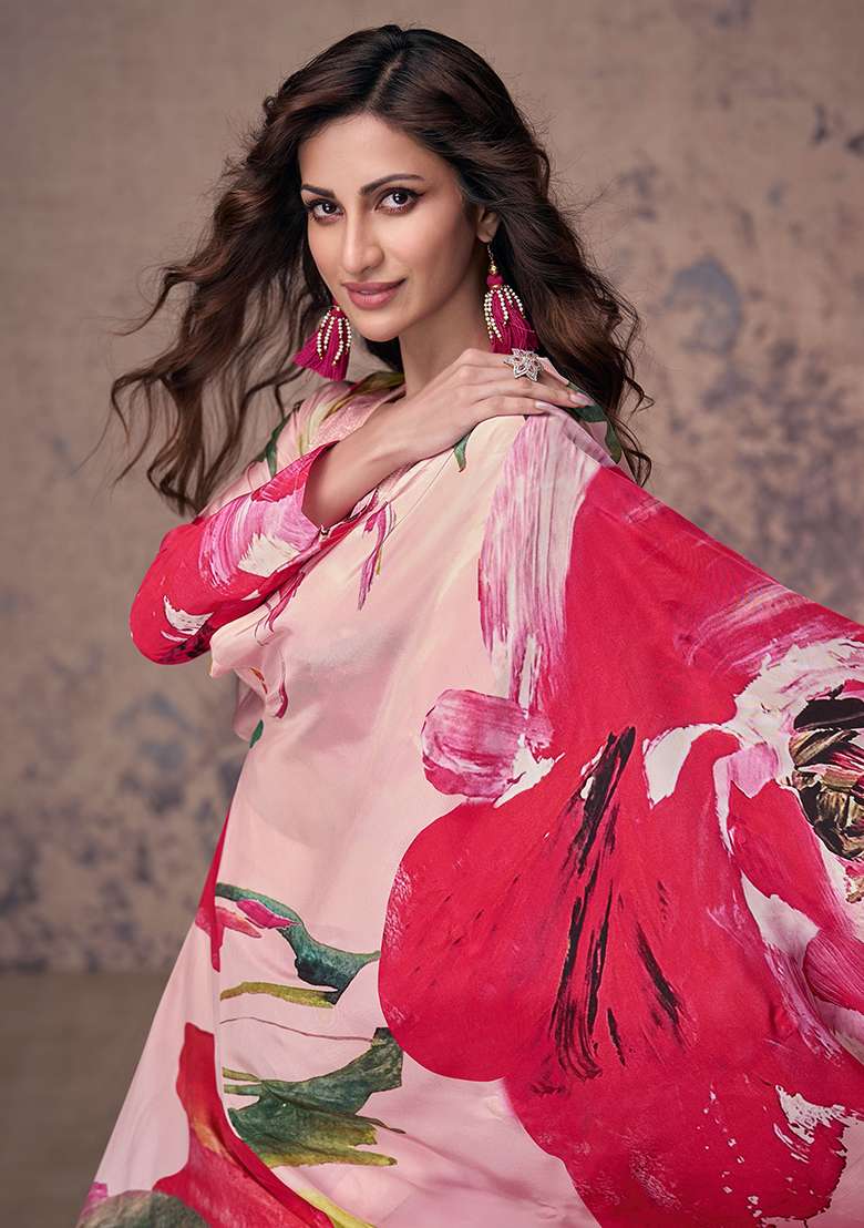 Pink Floral Print Crepe Co Ord Set for Diwali and Festive Wear - Indya
