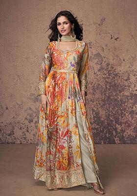 Beige Sequin Embroidered Georgette Kurta Set