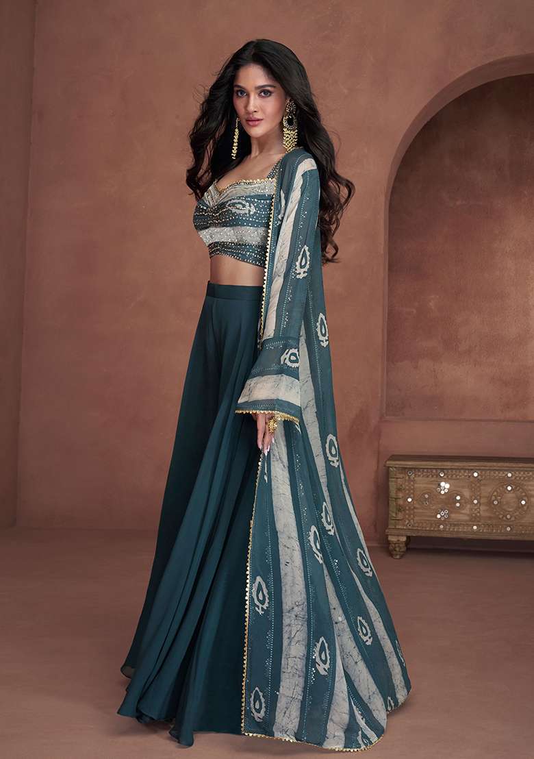 Teal Blue Embroidered Crepe Co Ord Set for Diwali | Wedding & Festive Wear - Indya
