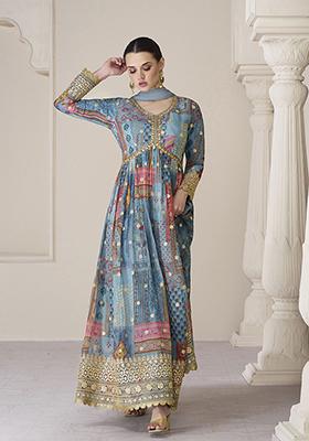 Blue Sequin Embroidered Organza Silk Kurta With Dupatta