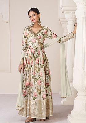 Cream Sequin Embroidered Organza Silk Kurta With Dupatta