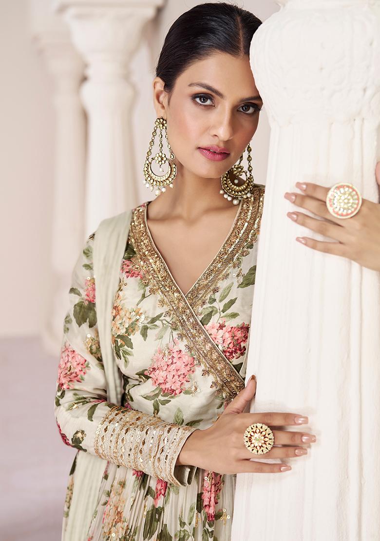 Cream Sequin Embroidered Organza Silk Kurta With Dupatta