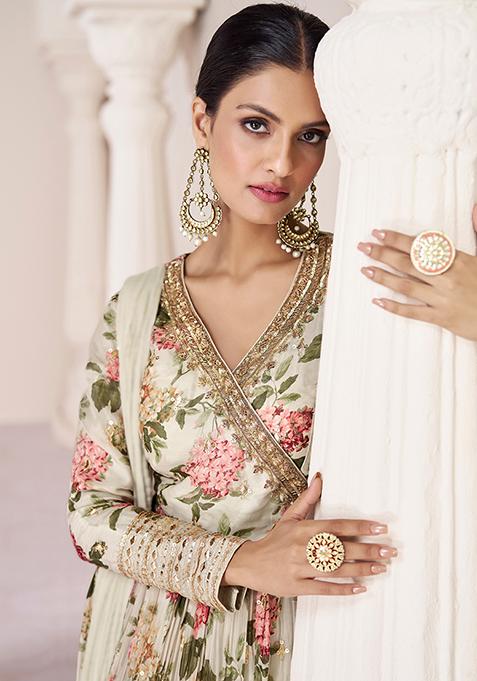 Cream Sequin Embroidered Organza Silk Kurta With Dupatta