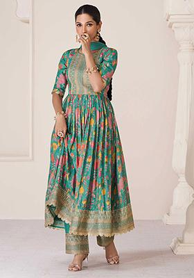 Teal Green Sequin Embroidered Organza Silk Kurta Set