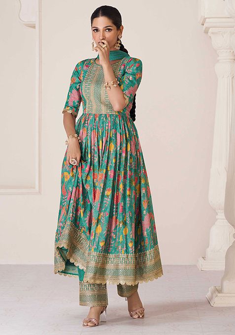 Teal Green Sequin Embroidered Organza Silk Kurta Set