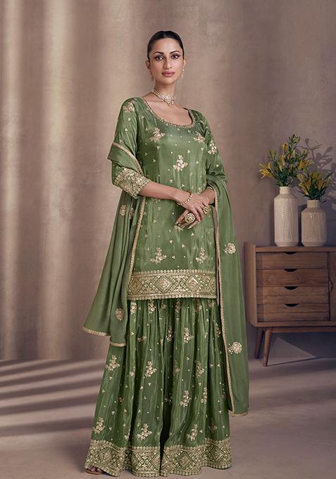 Green Sequin Embroidered Chinon Kurta Set