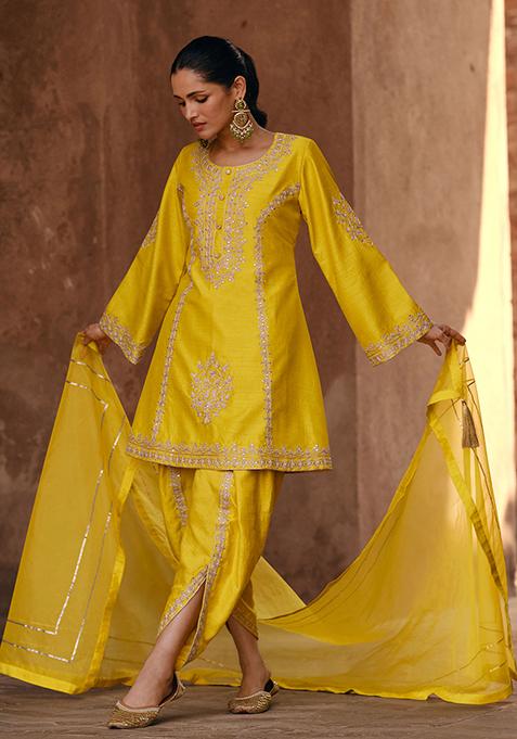 yellow Sequin Embroidered Chinon Silk Kurta Set