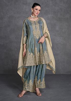 Grey Sequin Embroidered Organza Silk Kurta Set