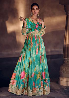 Turquoise Sequin Embroidered Georgette Kurta With Dupatta