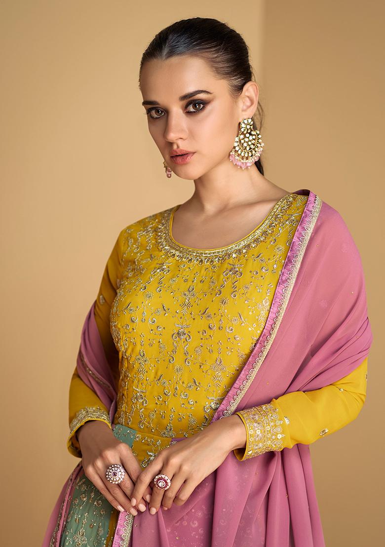 Mustard Sequin Embroidered Georgette Kurta With Dupatta