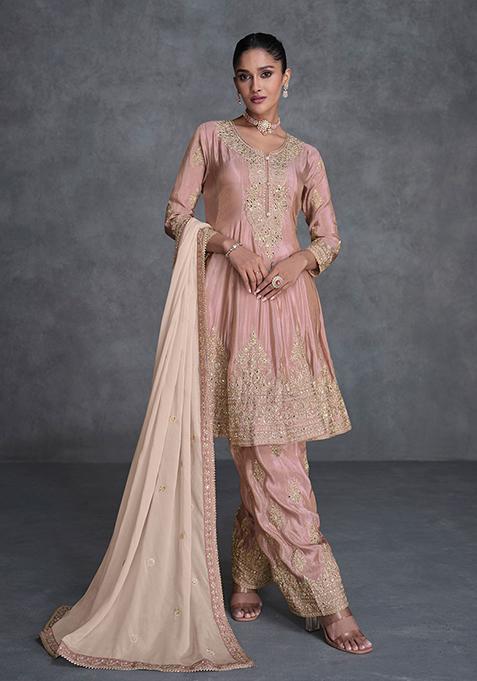 Rose Golden Sequin Embroidered Organza Silk Kurta Set