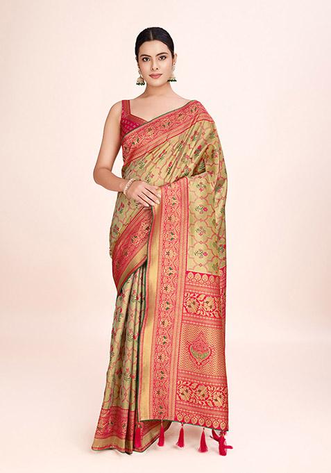 Pink Zari Woven Tissue Saree Set