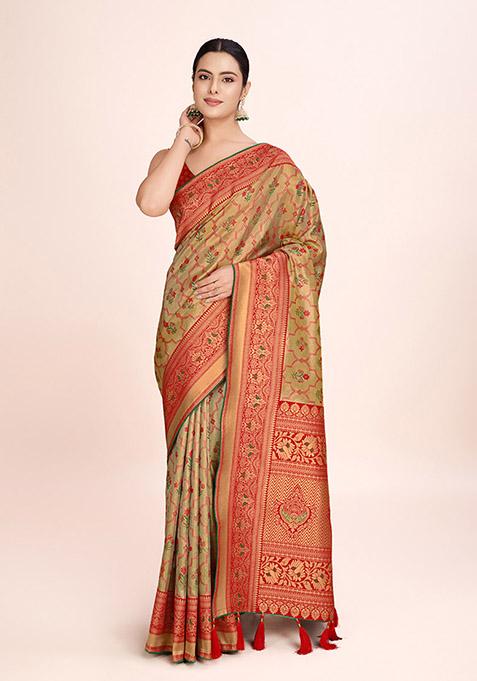 Red Zari Woven Tissue Saree Set