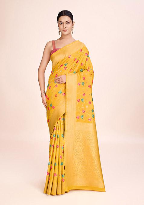 Yellow Zari Woven Tissue Saree Set