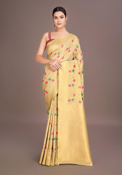 Cream Zari Woven Tissue Saree Set