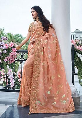 Peach Embroidered Silk Saree Set