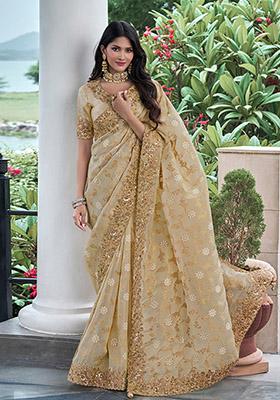 Cream Embroidered Silk Saree Set
