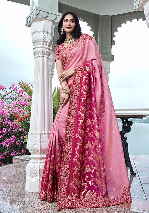 Pink Embroidered Silk Saree Set