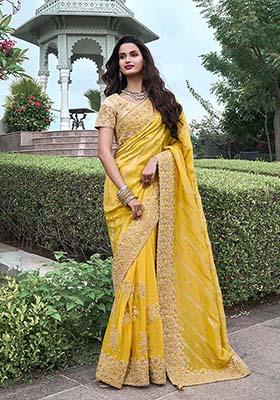 Yellow Embroidered Silk Saree Set