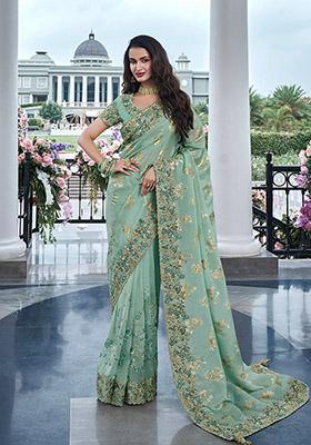 Turquoise Embroidered Silk Saree Set
