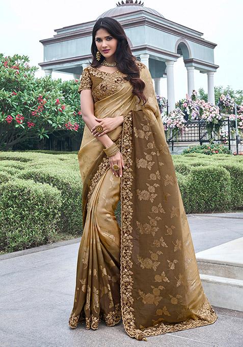 Brown Embroidered Silk Saree Set