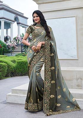 Grey Embroidered Silk Saree Set