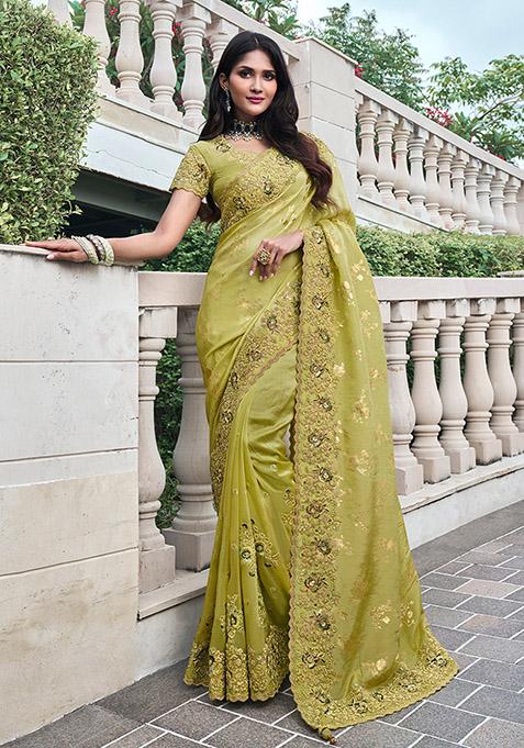 Parrot Green Embroidered Silk Saree Set