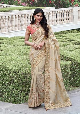 Beige Embroidered Silk Saree Set
