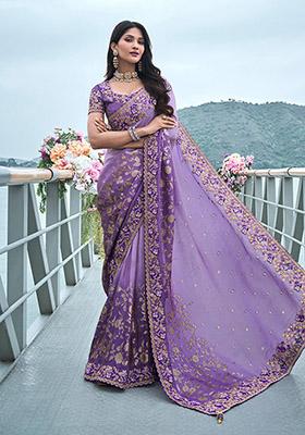 Lavender Embroidered Silk Saree Set