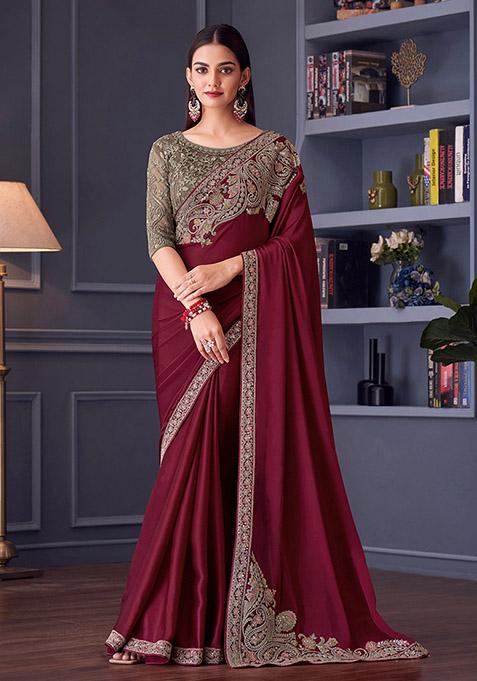 Wine Embroidered Satin Saree Set