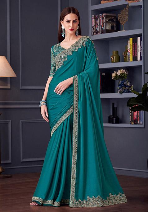 Turquoise Embroidered Chiffon Saree Set