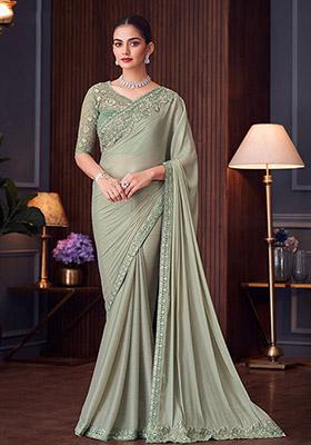 Light Green Embroidered Silk Saree Set