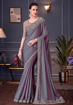 Lavender Embroidered Chiffon Saree Set