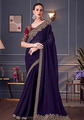 Dark Purple Embroidered Georgette Saree Set
