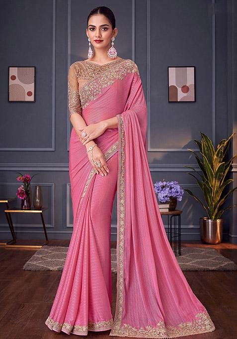 Pink Embroidered Shimmer Saree Set