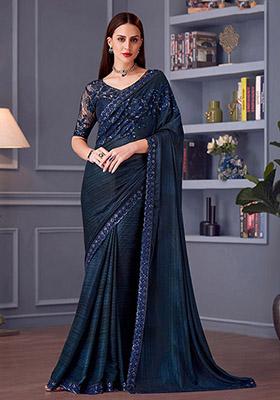 Navy Blue Embroidered Silk Saree Set
