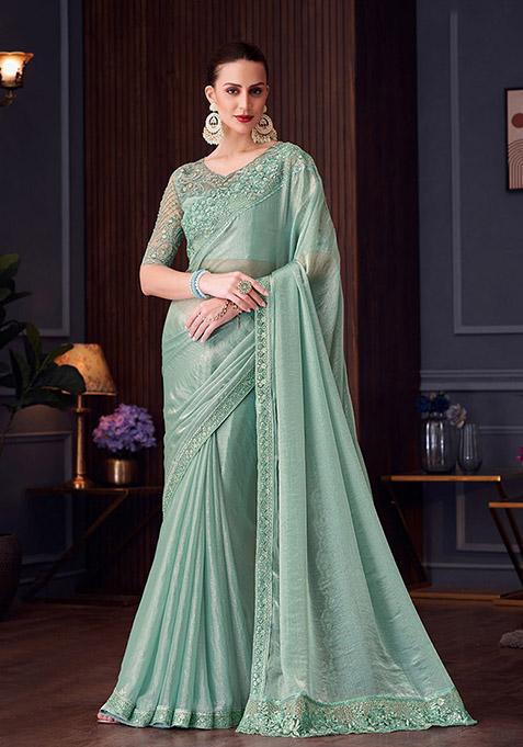 Aqua Blue Embroidered Silk Saree Set