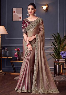 Brown Embroidered Silk Saree Set