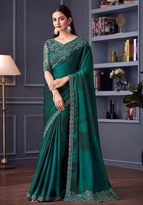 Teal Embroidered Chiffon Saree Set