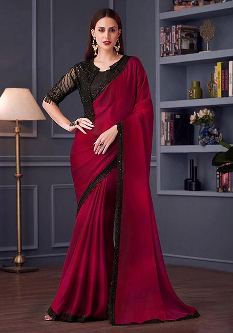 Dark Red Embroidered Chiffon Saree Set